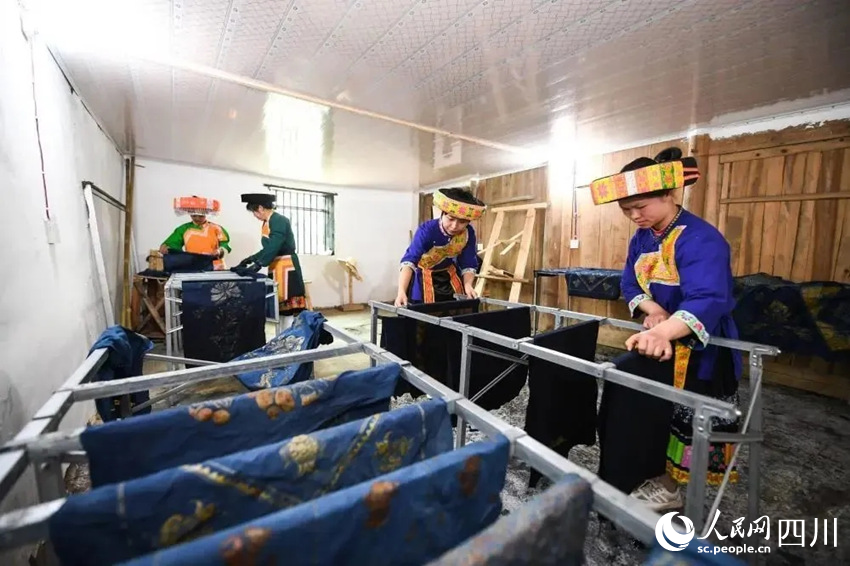 苗家兒女晾曬蠟染作品。曾剛攝