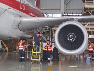 飛機維修師們正在檢修飛機