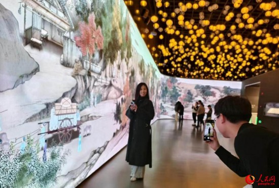 游客在《金陵圖數(shù)字藝術(shù)展》首展前打卡。人民網(wǎng)記者 馬曉波攝